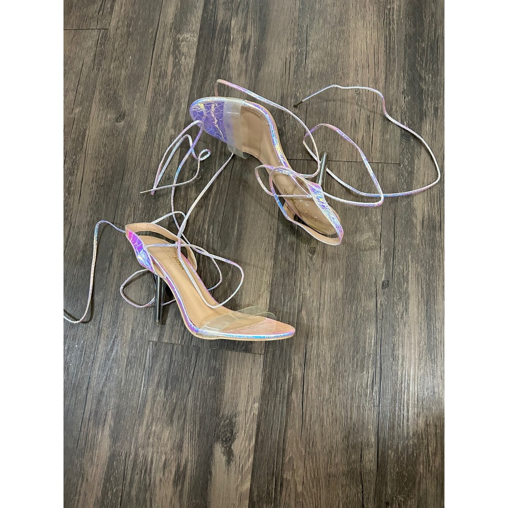 Fashion Nova Foxy Iridescent Holographic Snakeskin Lace Up Heels Sandals 8M